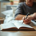 Adulte notant son sommeil dans un carnet ouvert sur une table de chevet