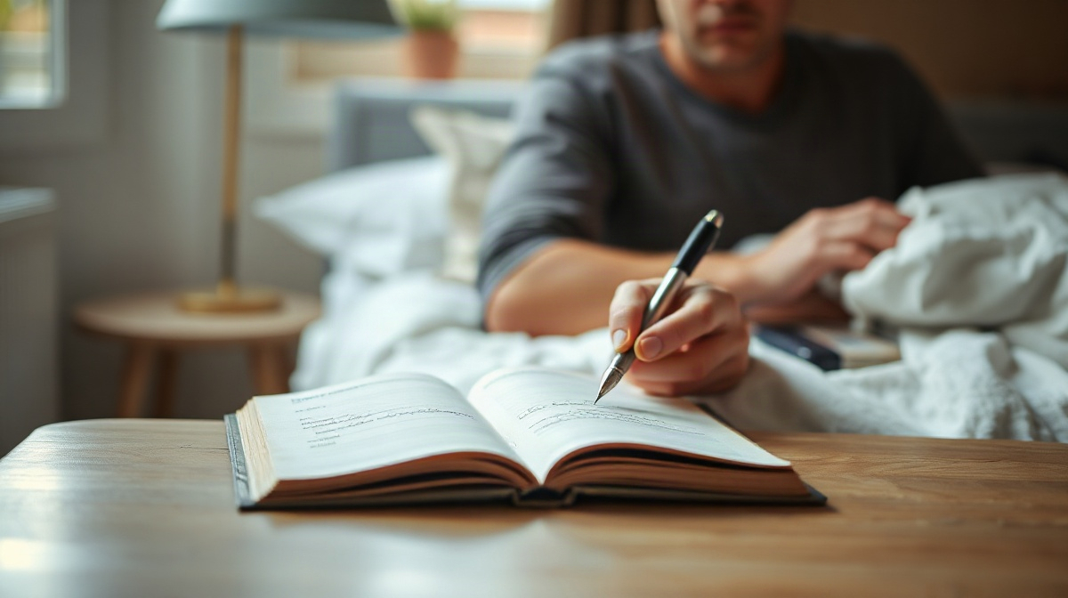 Adulte notant son sommeil dans un carnet ouvert sur une table de chevet