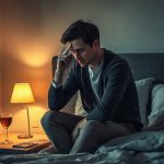 Adulte assis sur un lit défait, se frottant les yeux
