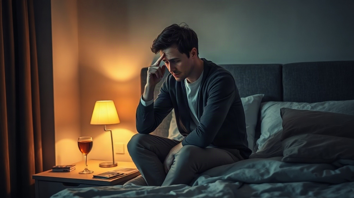 Adulte assis sur un lit défait, se frottant les yeux