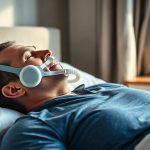 Adulte assis sur le lit portant un masque et un tuyau CPAP