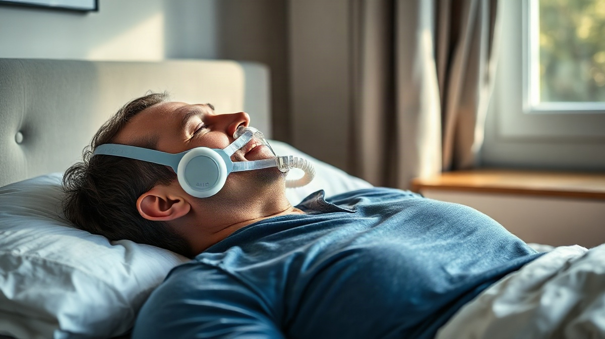 Adulte assis sur le lit portant un masque et un tuyau CPAP