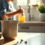 Personne préparant une infusion, tasse fumante et fleurs de camomille