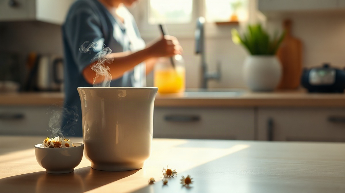 Personne préparant une infusion, tasse fumante et fleurs de camomille