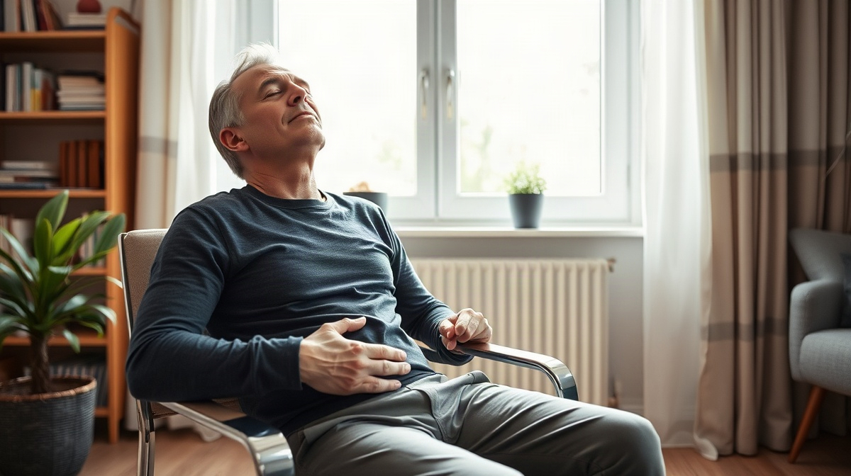 Adulte assis près d’une fenêtre, yeux fermés, main sur l’abdomen