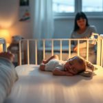 Bébé endormi sur le dos dans un berceau transparent, parent assis en arrière-plan