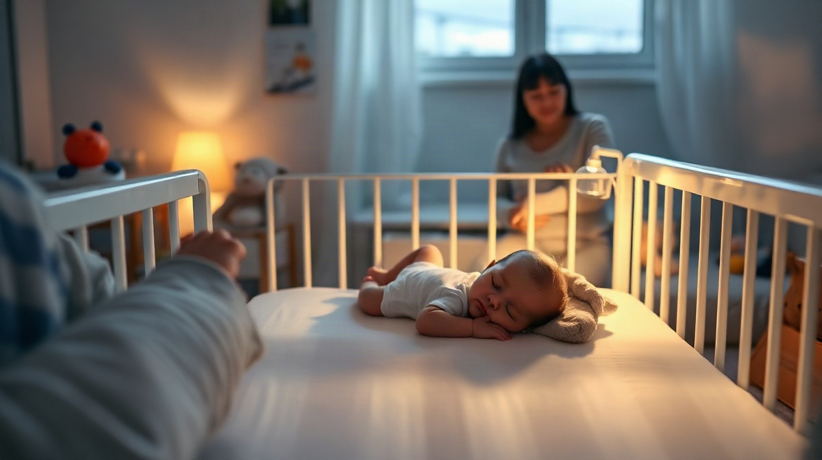 Bébé endormi sur le dos dans un berceau transparent, parent assis en arrière-plan