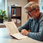 Patient adulte lisant un questionnaire, médecin l’expliquant à côté
