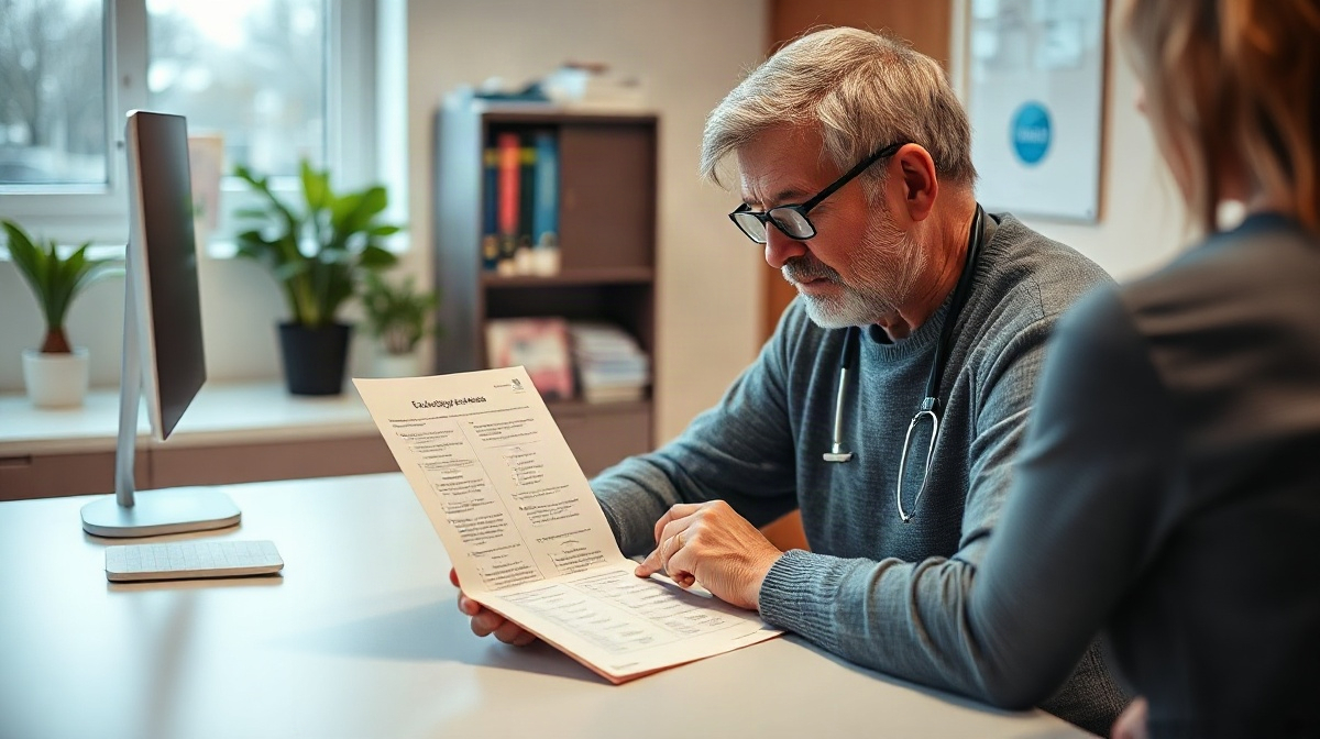 Patient adulte lisant un questionnaire, médecin l’expliquant à côté