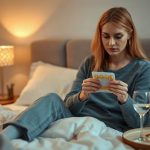 Femme assise près du lit examinant une plaquette de comprimés