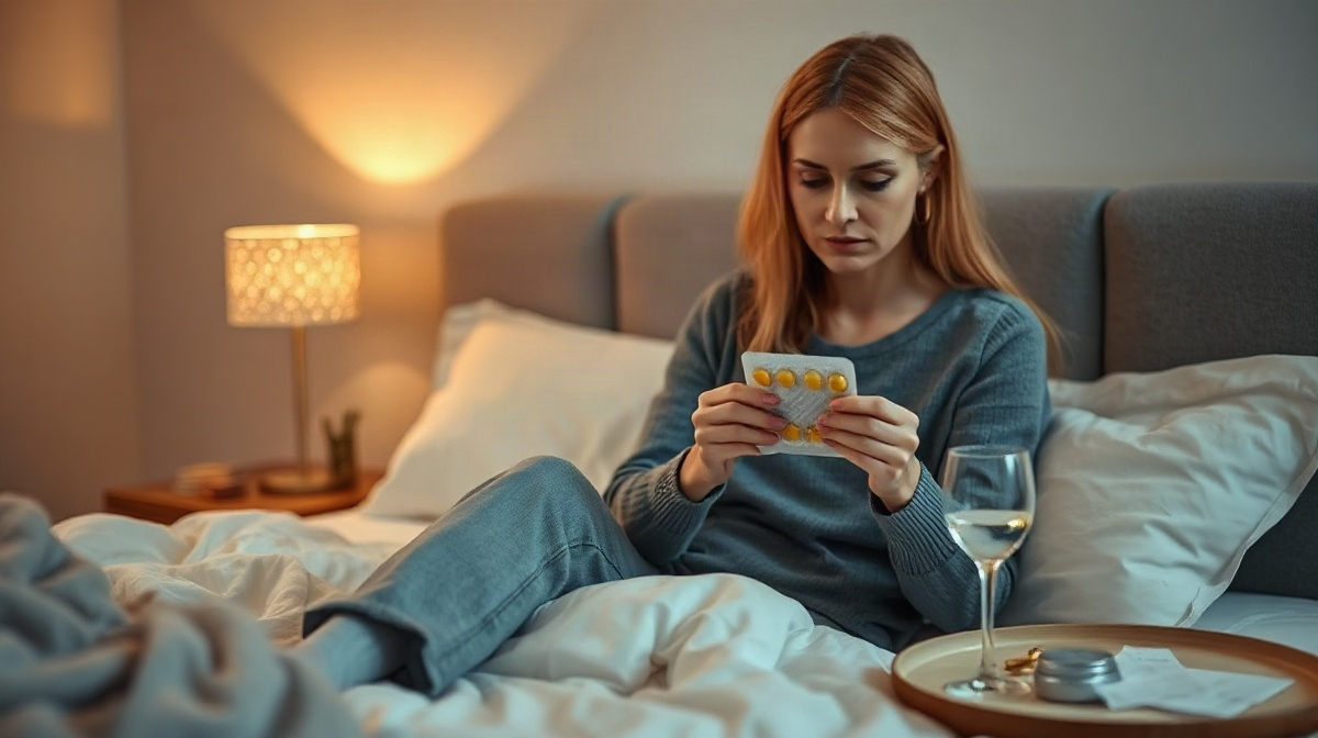 Femme assise près du lit examinant une plaquette de comprimés