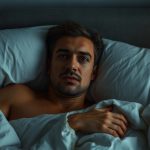 Adulte français éveillé, immobile sous les couvertures dans une chambre rangée