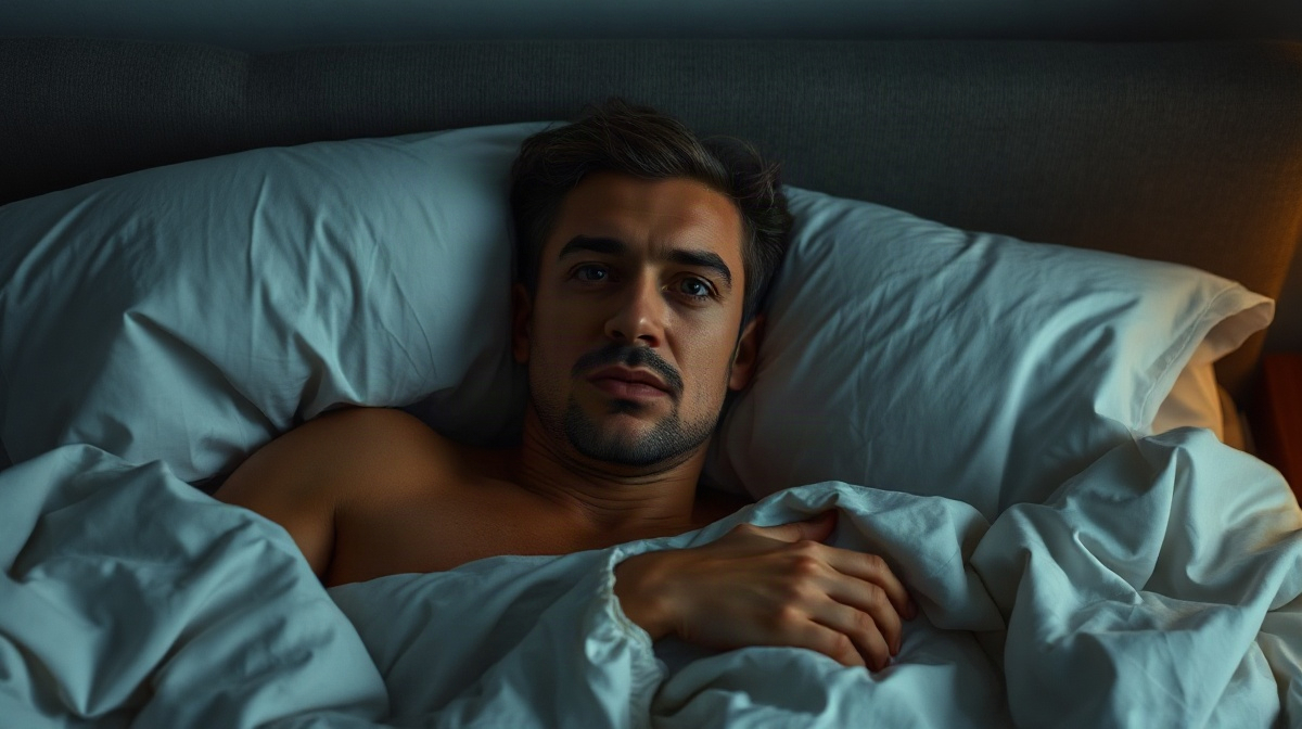 Adulte français éveillé, immobile sous les couvertures dans une chambre rangée