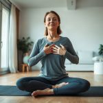 Femme adulte assise sur un tapis de yoga, mains sur le torse et l’abdomen