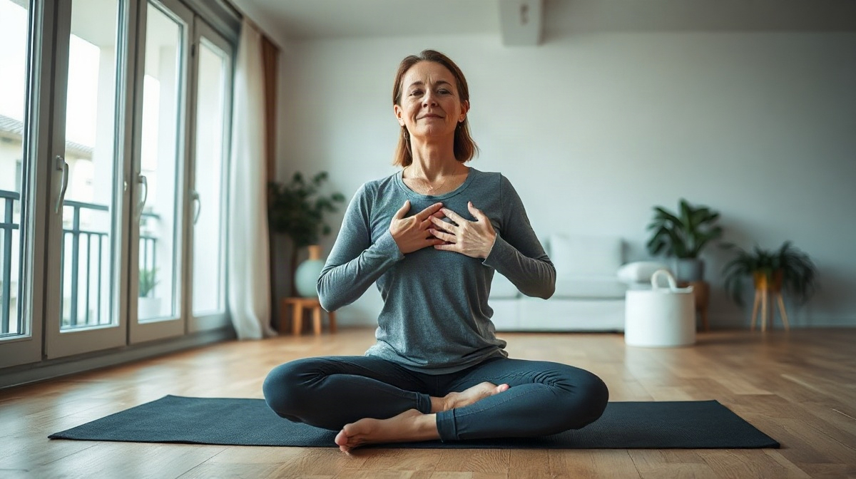 Femme adulte assise sur un tapis de yoga, mains sur le torse et l’abdomen