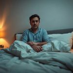 Adulte assis au bord d’un lit dans une chambre, lampe allumée