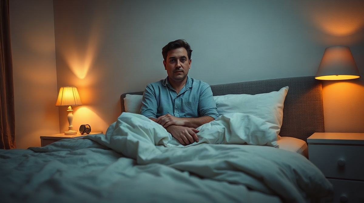 Adulte assis au bord d’un lit dans une chambre, lampe allumée