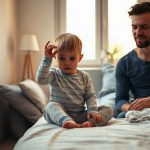Enfant en pyjama se frottant les yeux, parent assis près du lit