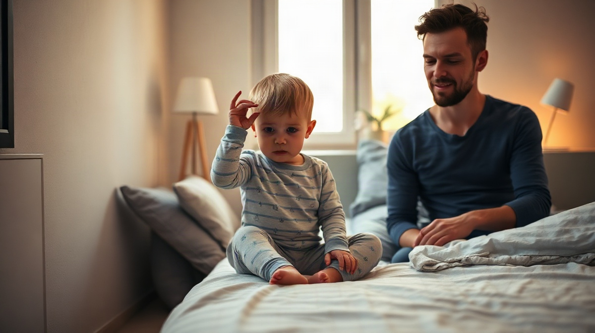 Enfant en pyjama se frottant les yeux, parent assis près du lit