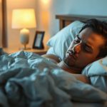Adulte éveillé dans un lit défait, éclairé par une lampe de chevet