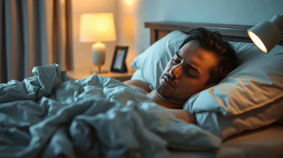 Adulte éveillé dans un lit défait, éclairé par une lampe de chevet