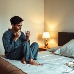 Adulte en tenue de nuit mange une douceur, verre d’eau voisin